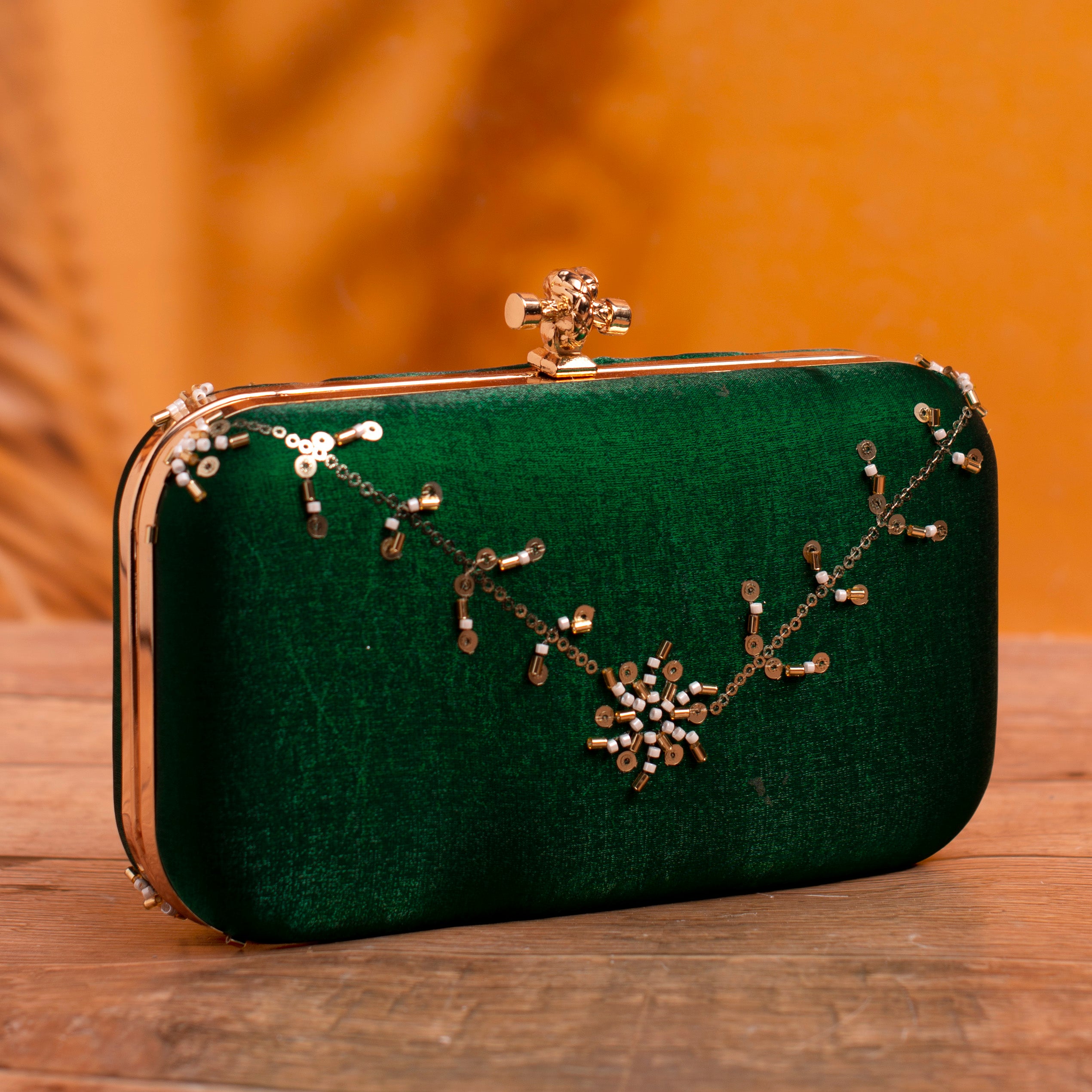 Artklim Dark Green Based Floral Sequins Embroidery Clutch