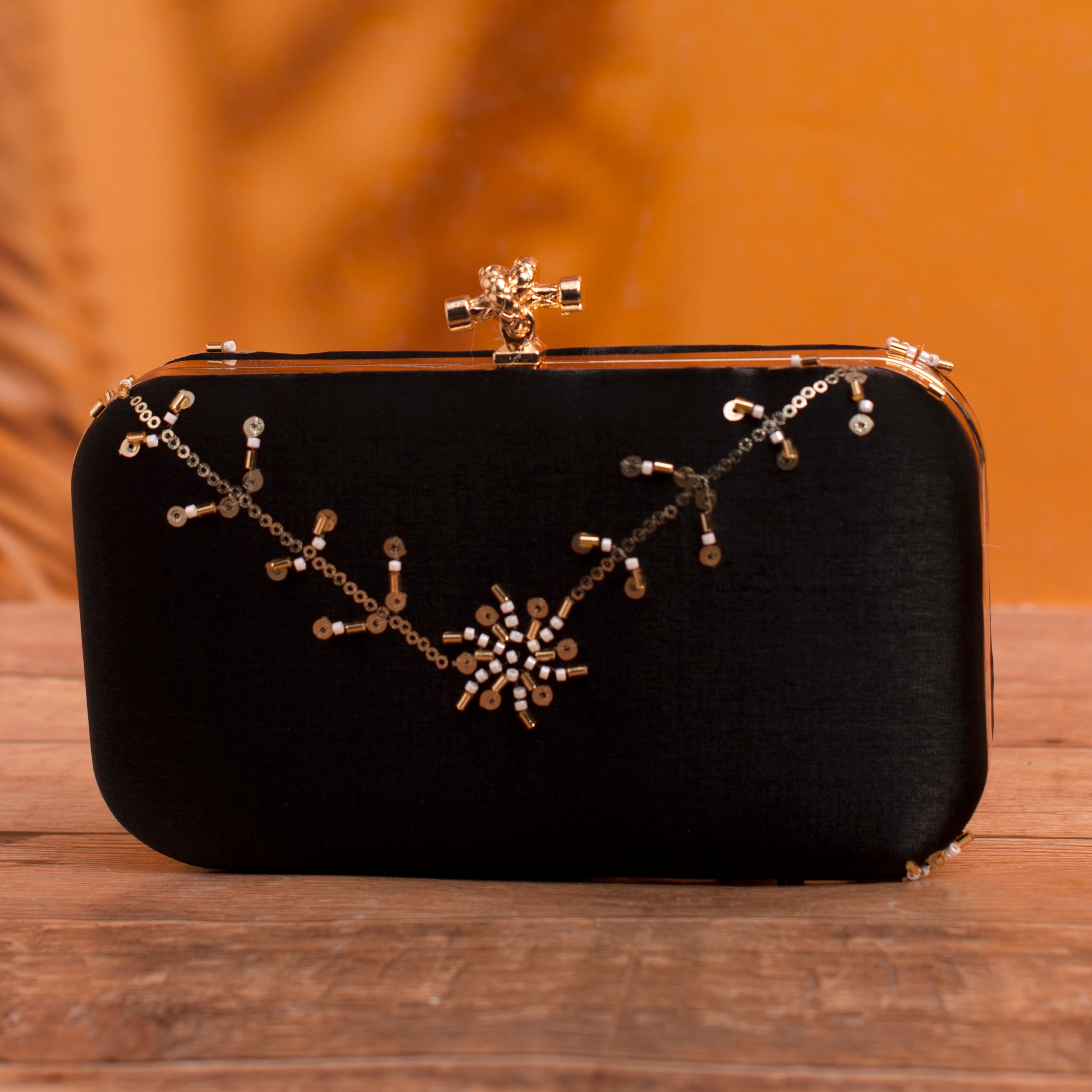 Artklim Black Based Floral Sequins Embroidery Clutch