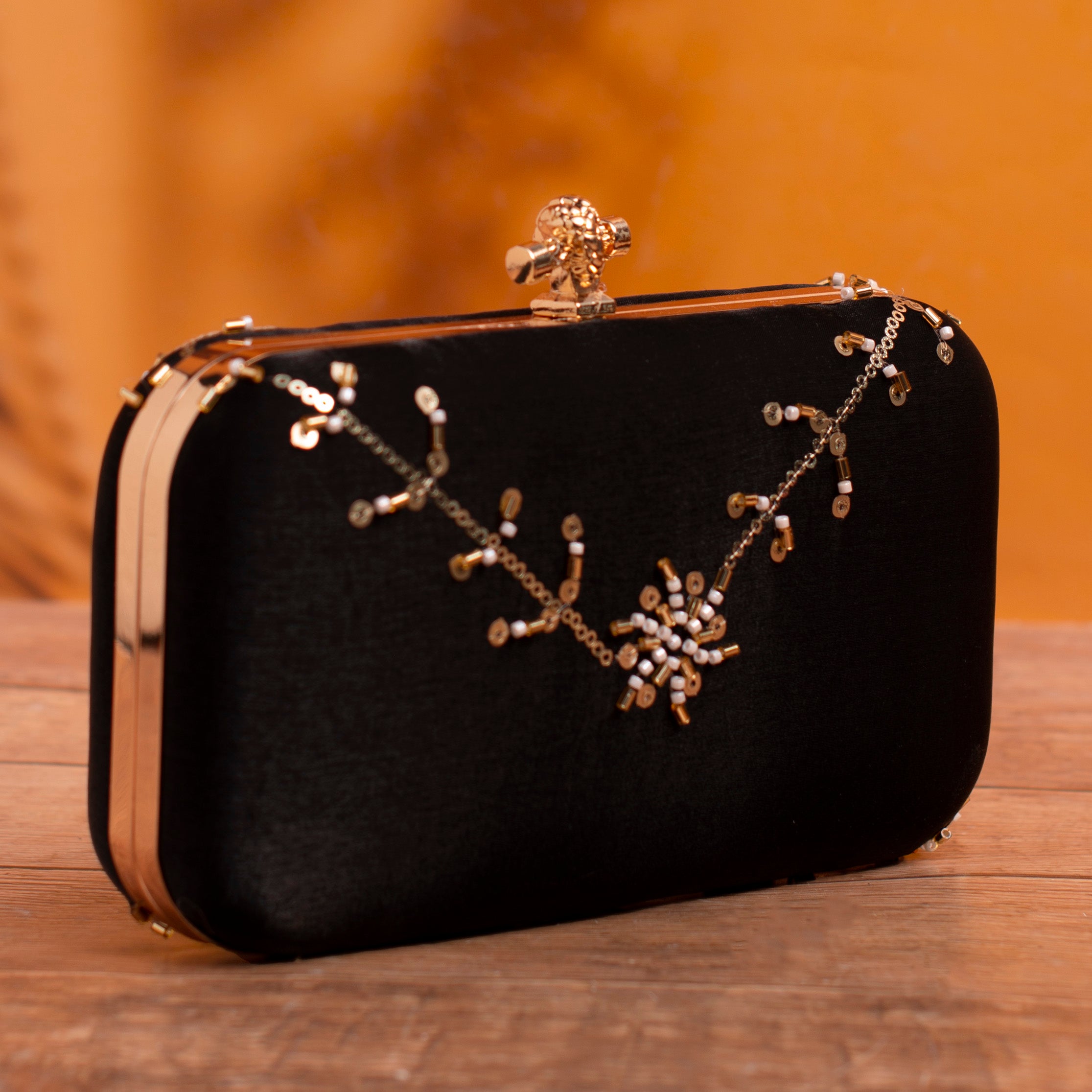 Artklim Black Based Floral Sequins Embroidery Clutch