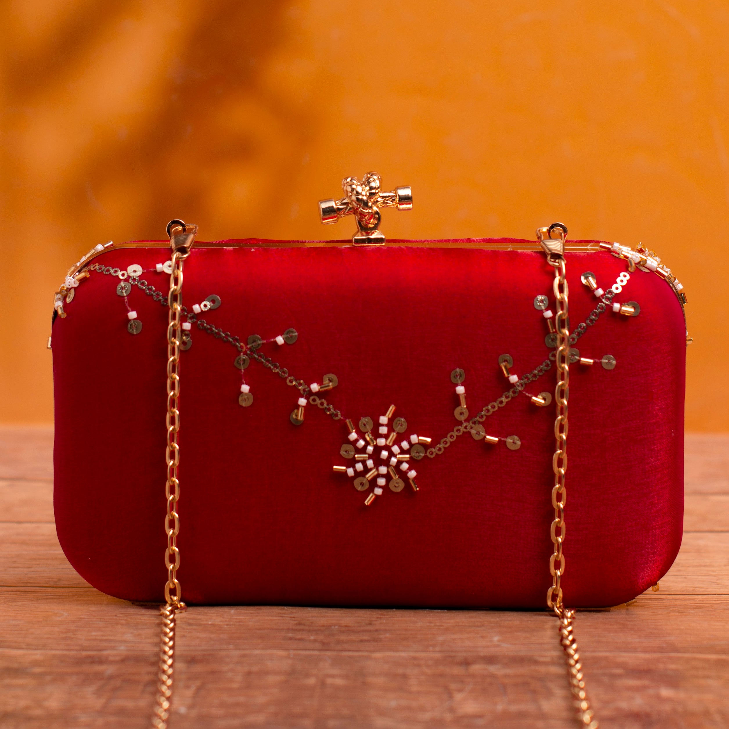 Artklim Red Based Floral Sequins Embroidery Clutch