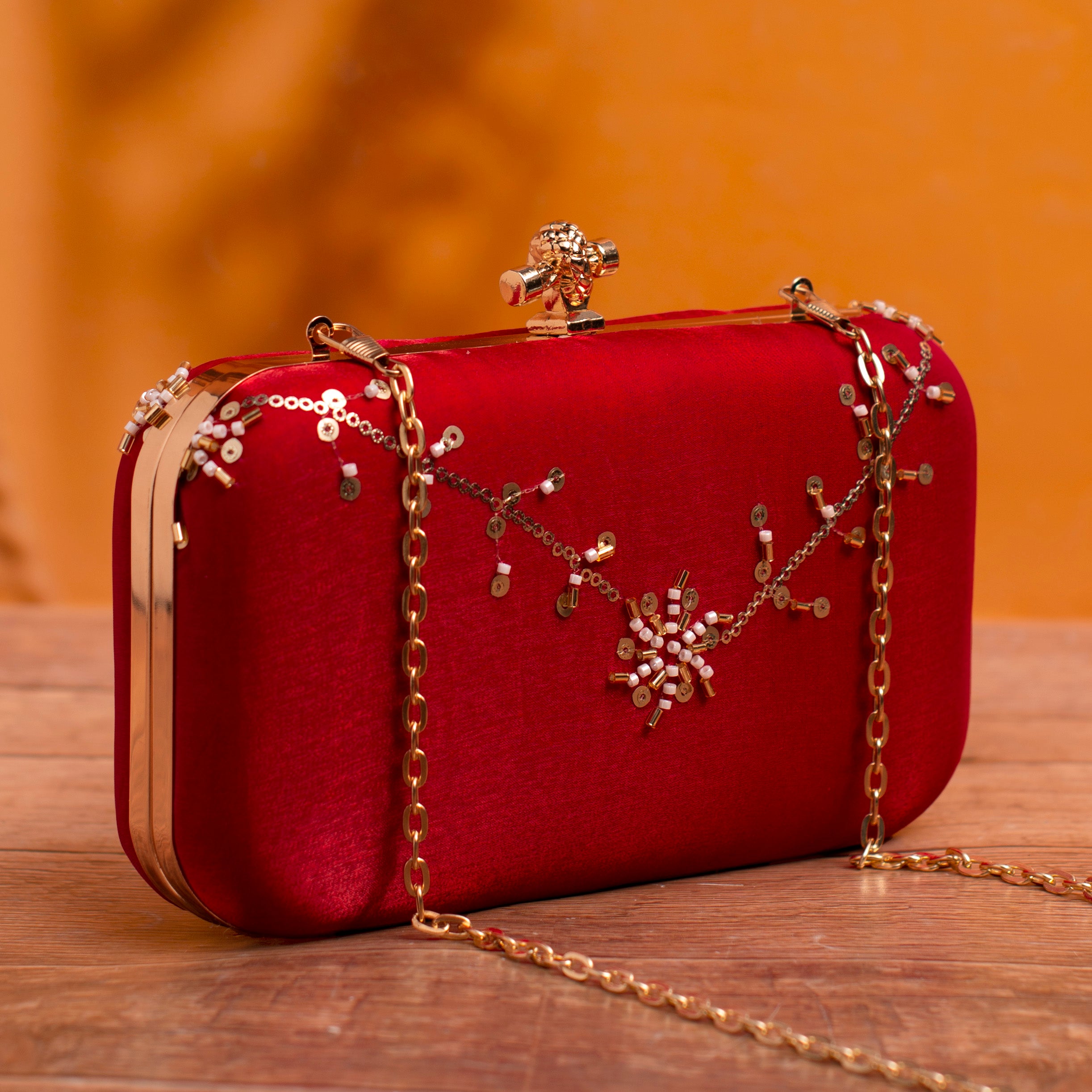 Artklim Red Based Floral Sequins Embroidery Clutch