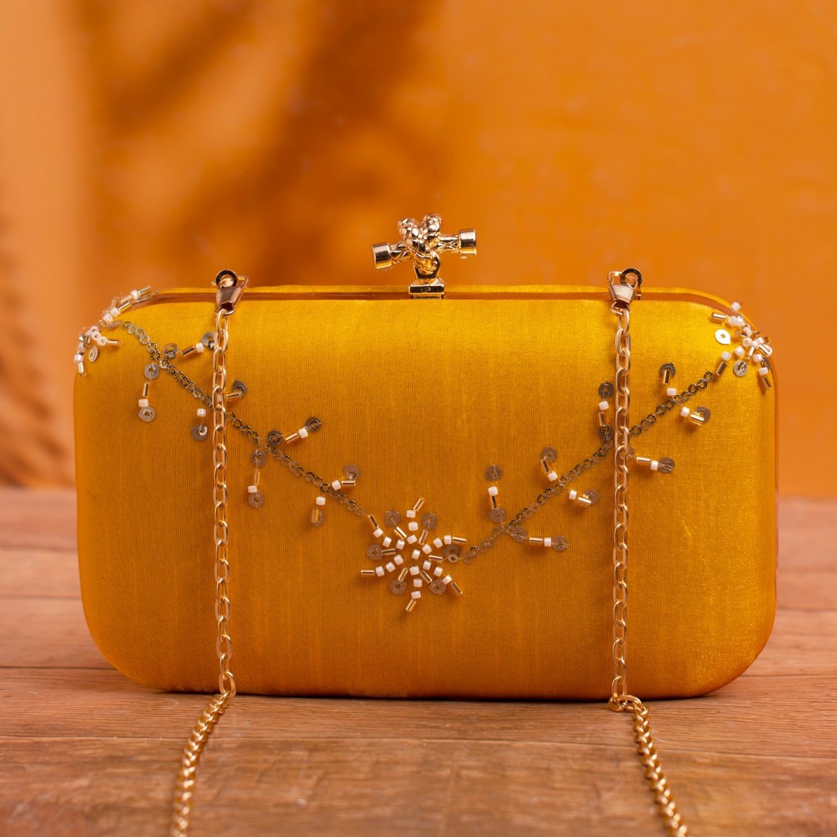 Artklim Yellow Based Floral Sequins Embroidery Clutch