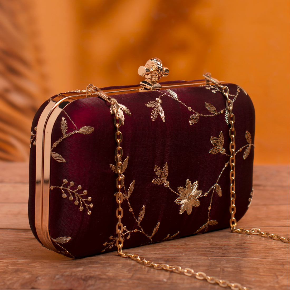 Artklim Maroon Based Golden Threadwork Embroidery Clutch