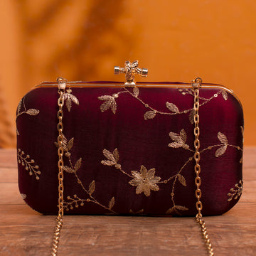 Artklim Maroon Based Golden Threadwork Embroidery Clutch