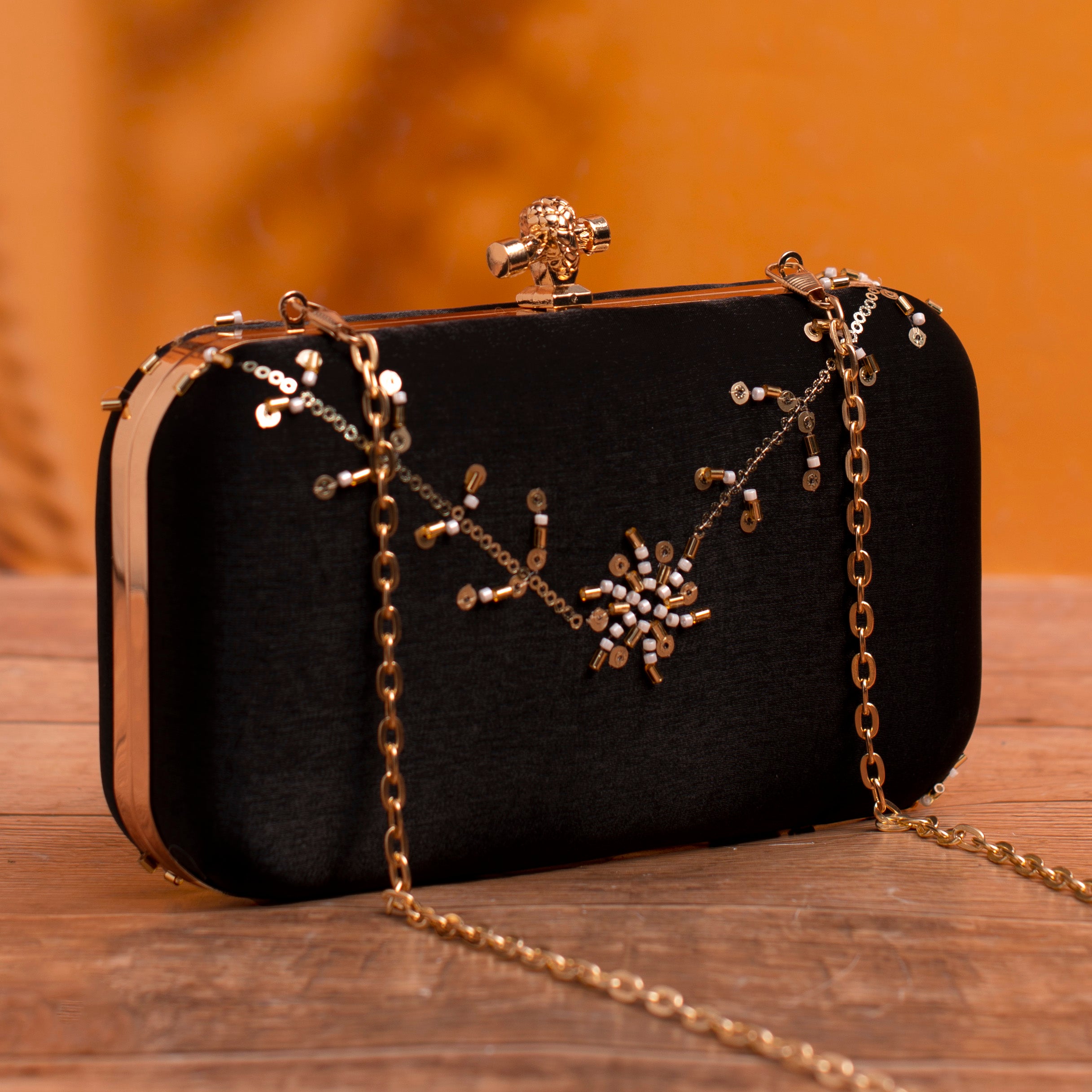 Artklim Black Based Floral Sequins Embroidery Clutch