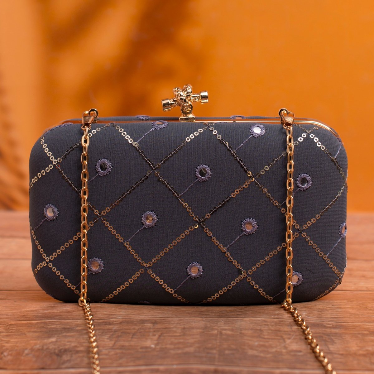 Artklim Dark Steel Grey Based Sequins Embrodiery Clutch