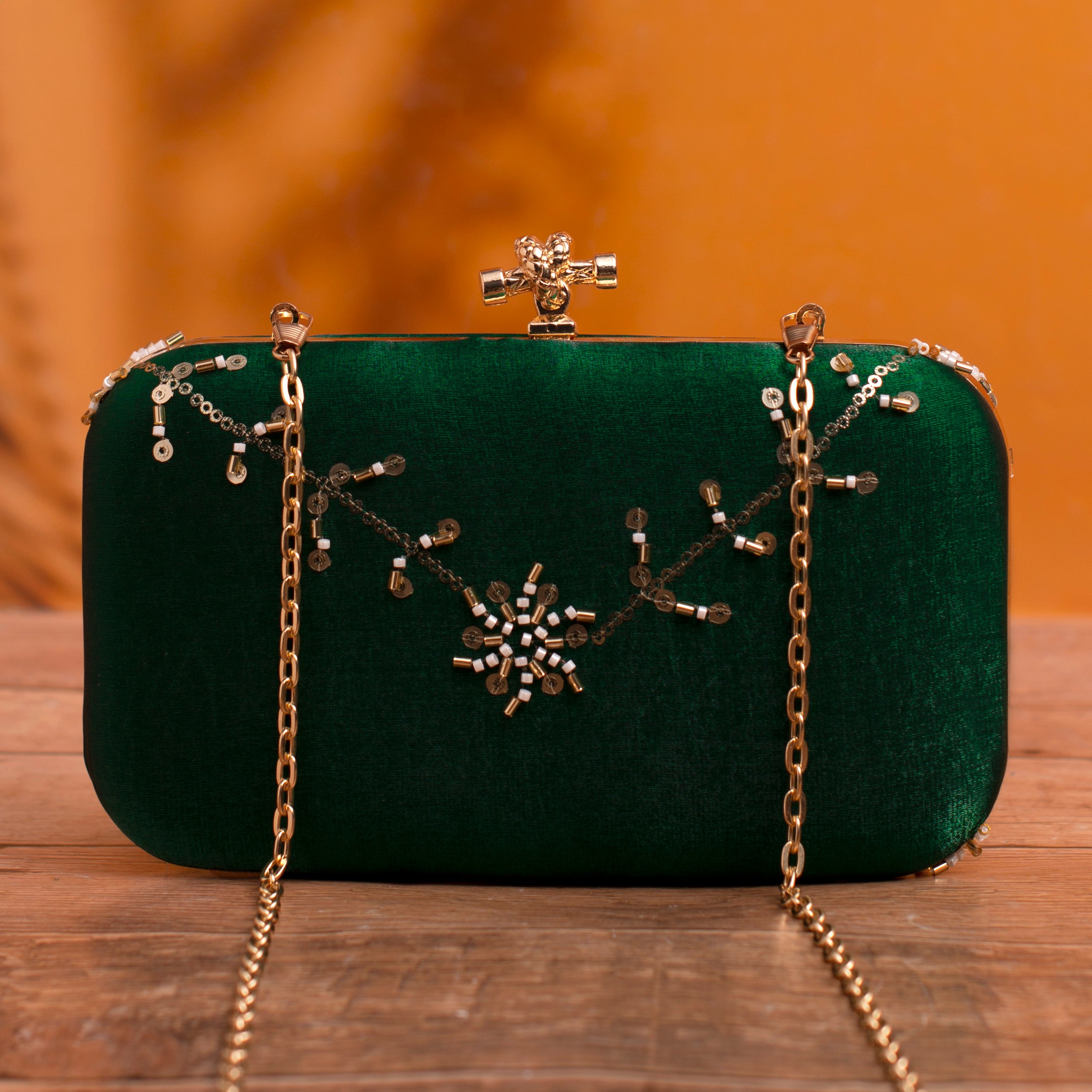 Artklim Dark Green Based Floral Sequins Embroidery Clutch
