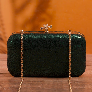 Artklim Dark Green Based Sequins Embrodiery Clutch