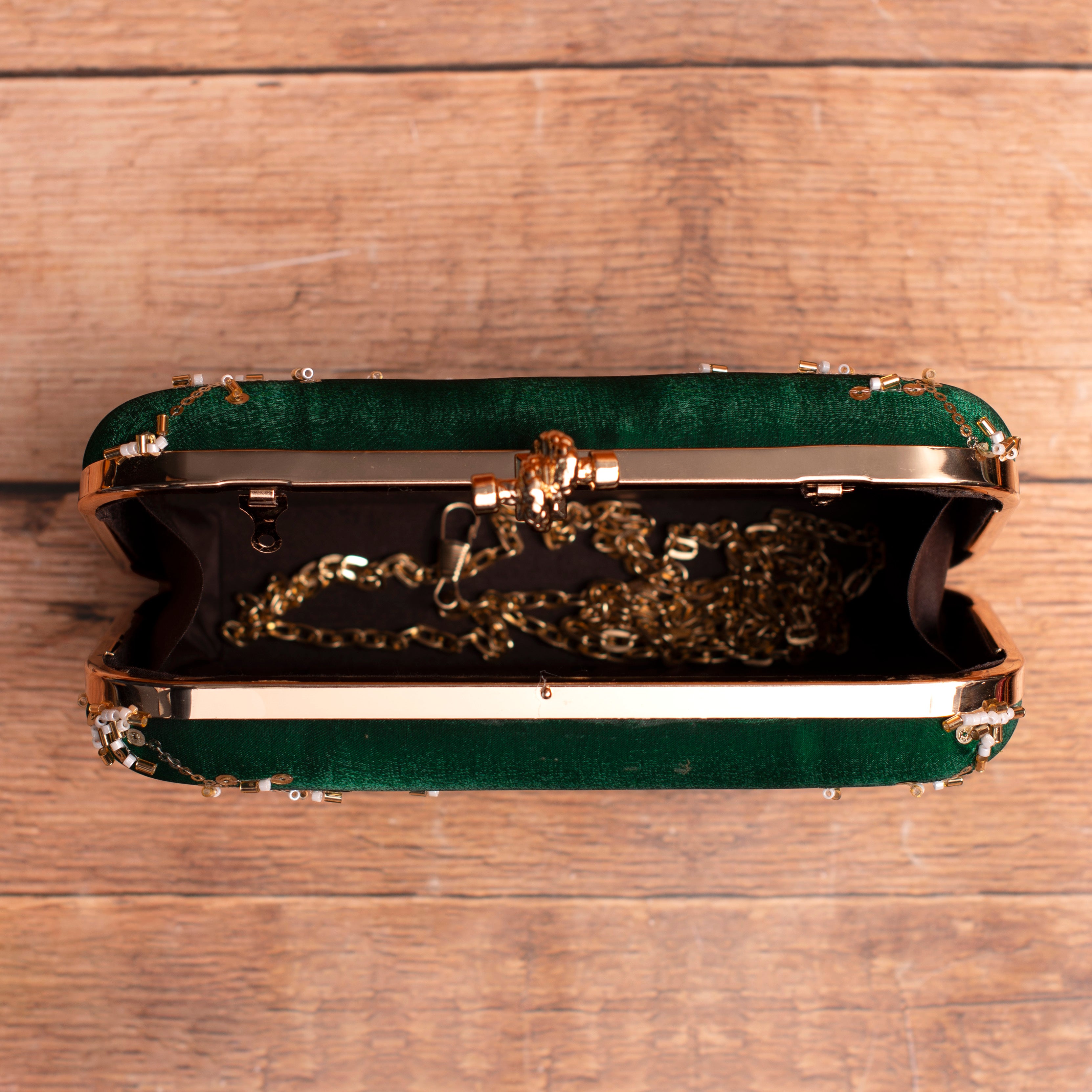 Artklim Dark Green Based Floral Sequins Embroidery Clutch