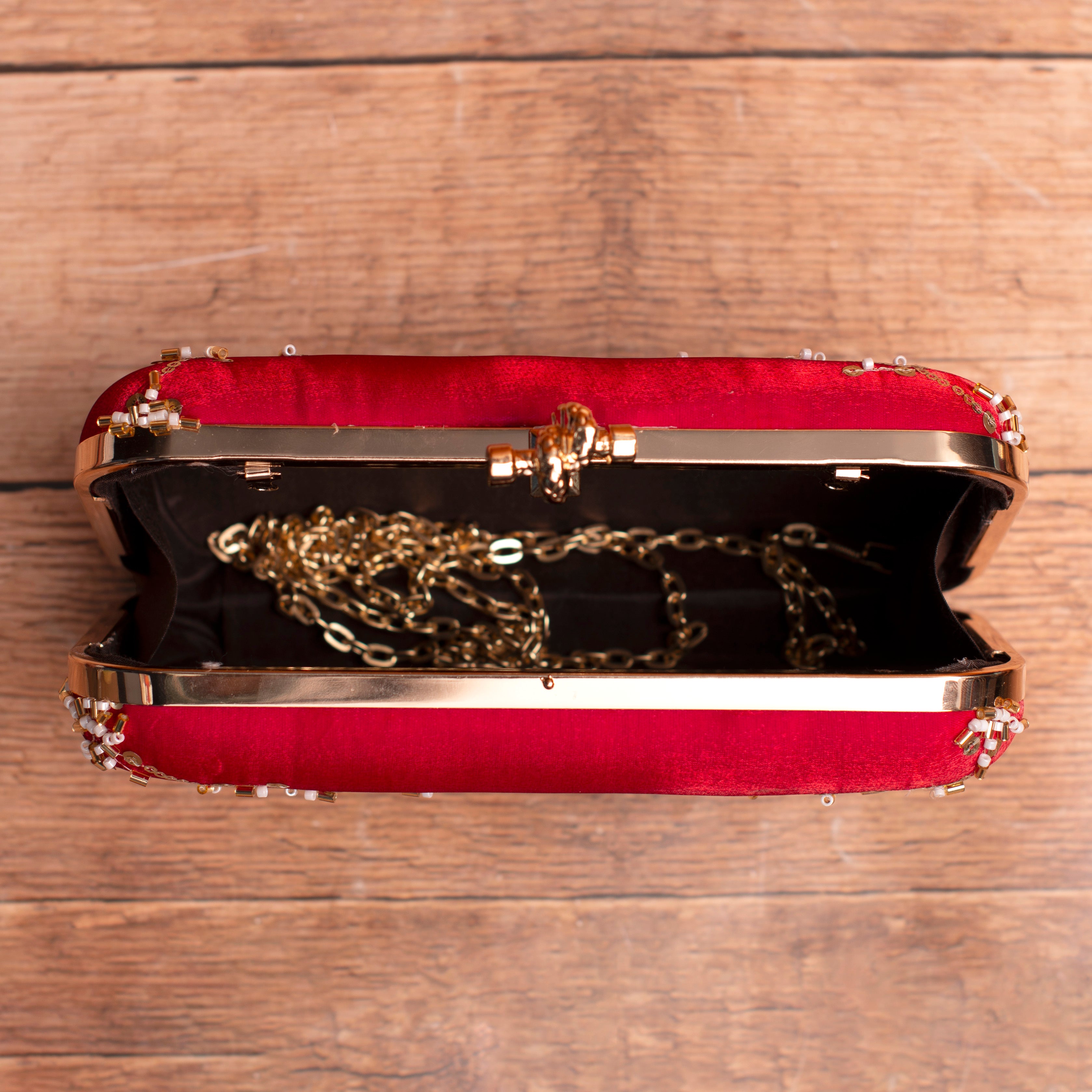 Artklim Red Based Floral Sequins Embroidery Clutch