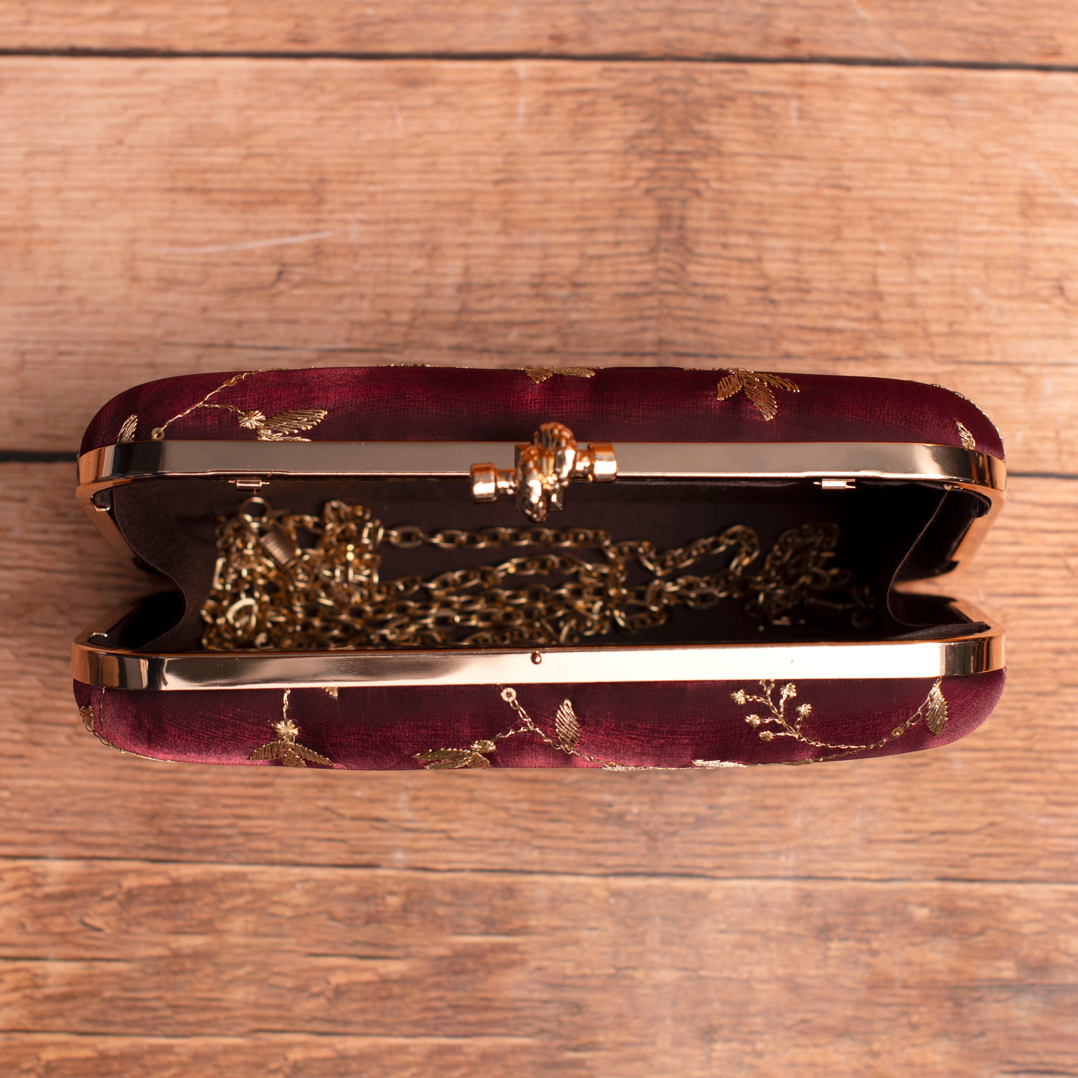 Artklim Maroon Based Golden Threadwork Embroidery Clutch