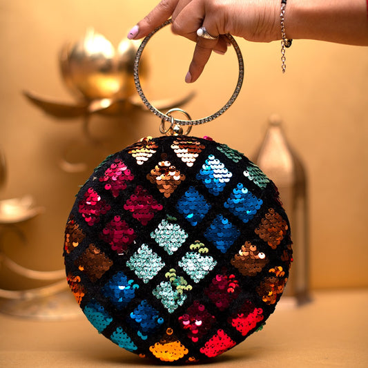 Multicoloured Round Embroidery Party Clutch