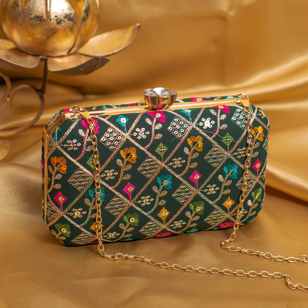 Green Sequins Floral Embroidery Party Clutch