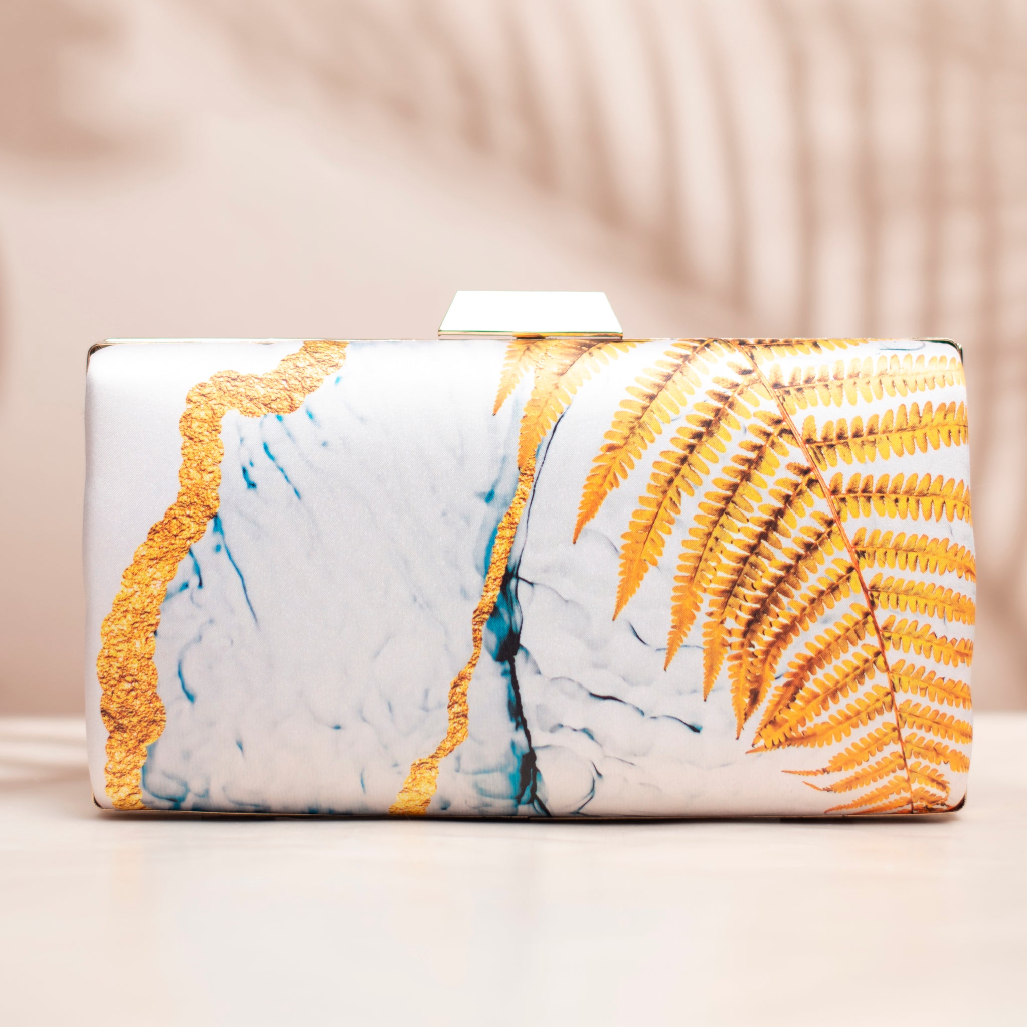 White And Yellow Resin Art Printed Clutch