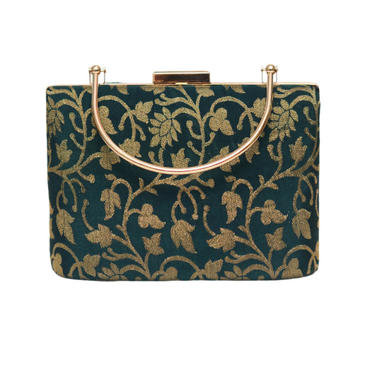 Green Golden Leaf Embroidered Clutch