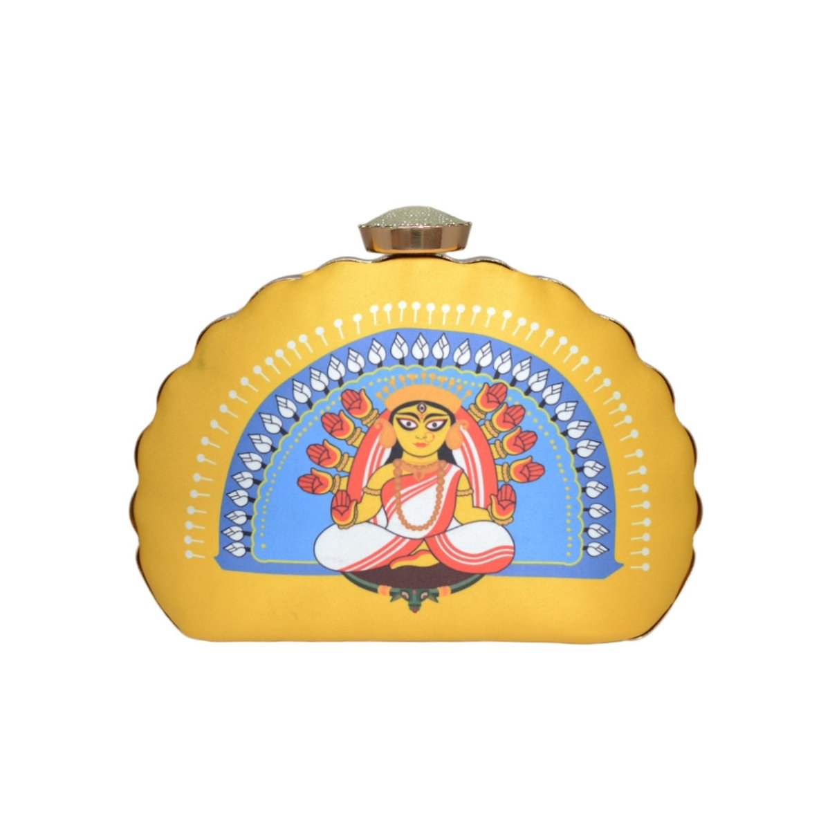 Artklim Yellow And Blue Durga Printed D-shape Clutch
