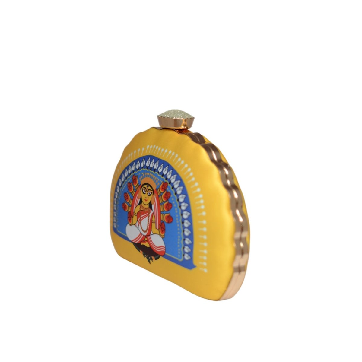 Artklim Yellow And Blue Durga Printed D-shape Clutch