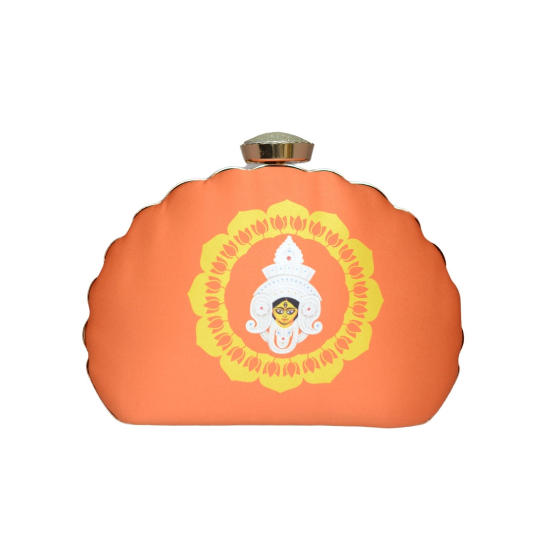 Artklim Orange And Yelllow Durga Printed D-Shape Clutch