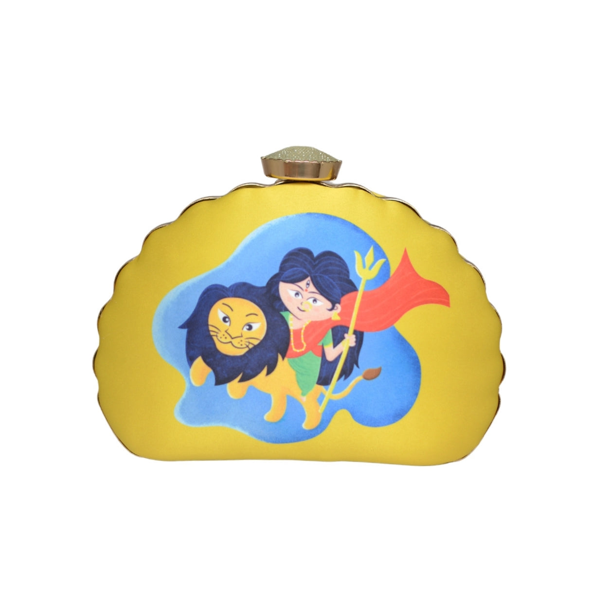 Yellow Durga And Lion Printed D-Shape Clutch