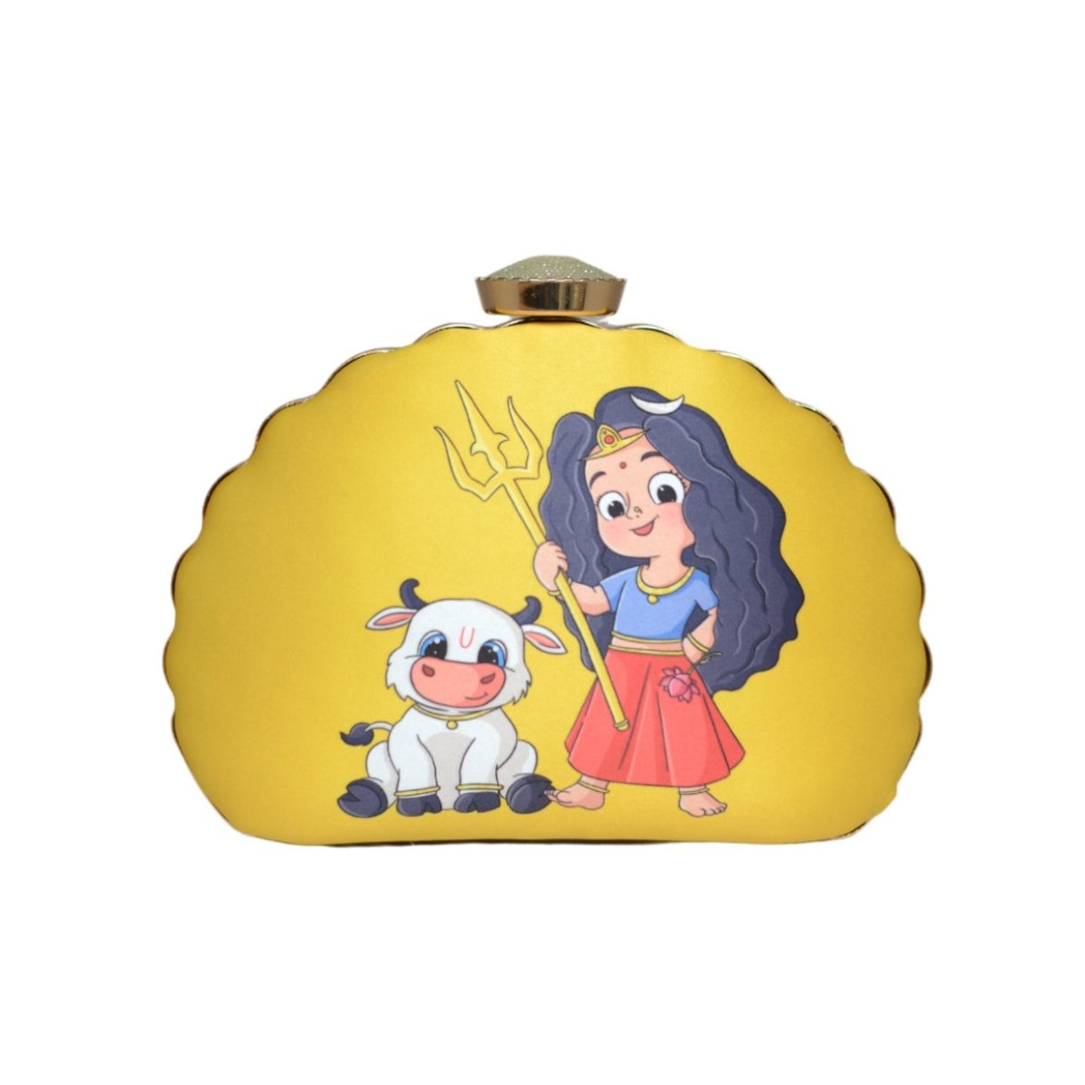 Artklim Yellow Durga Printed D-Shape Clutch