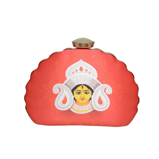 Artklim Red Durga Face Printed D-Shape  Clutch