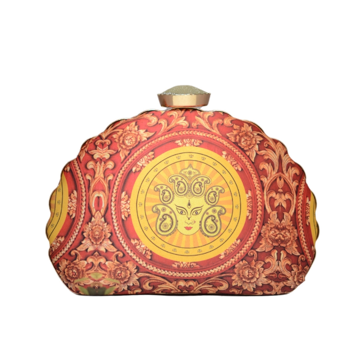 Maroon And Yellow Durga Printed D-Shape Clutch