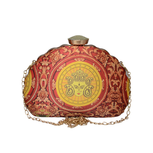 Maroon And Yellow Durga Printed D-Shape Clutch