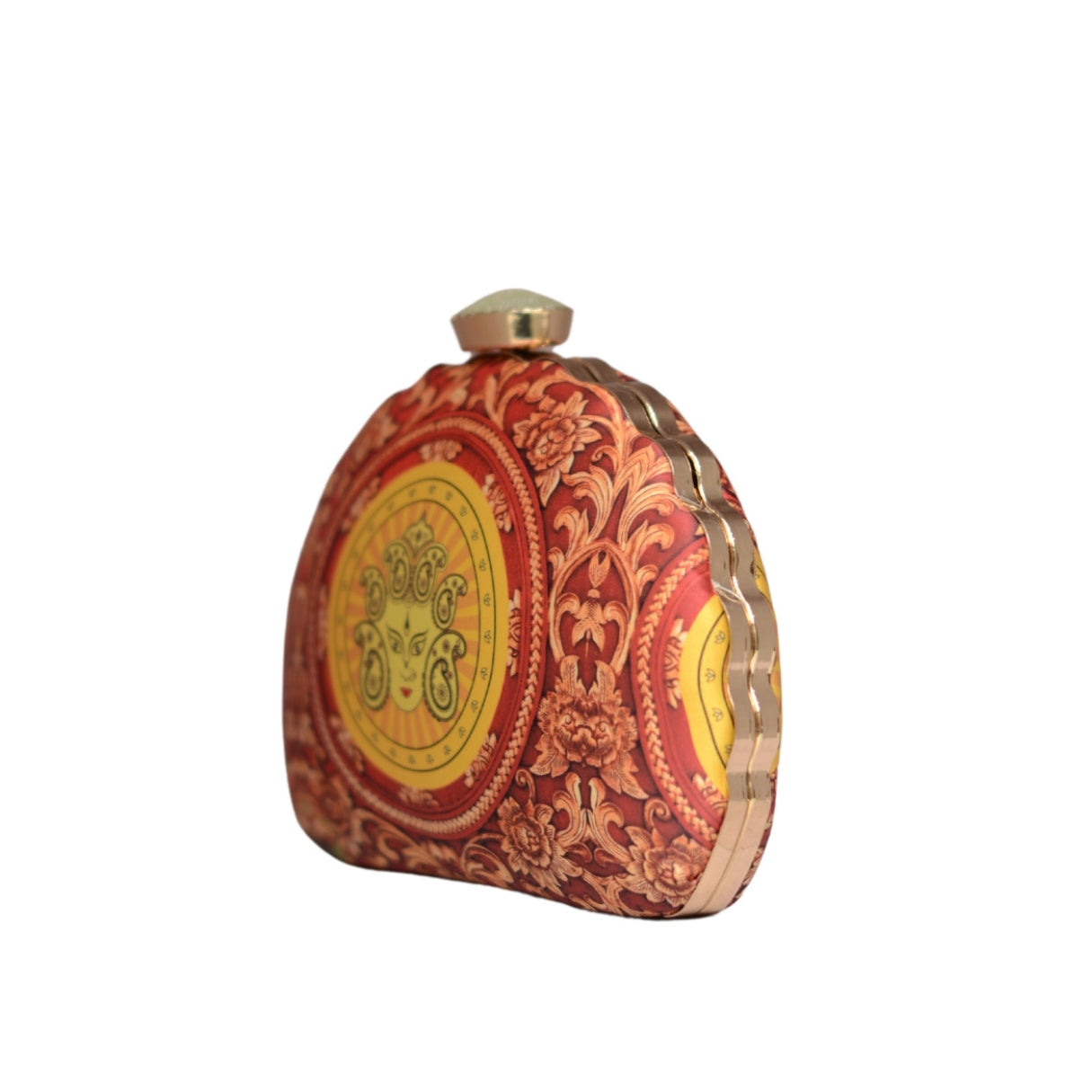 Maroon And Yellow Durga Printed D-Shape Clutch