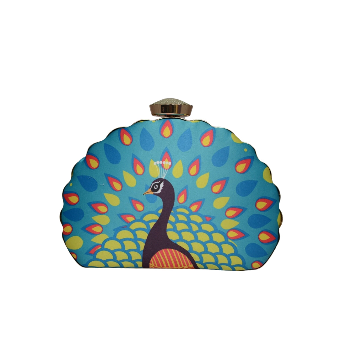 Blue Peacock Printed D-shape Clutch