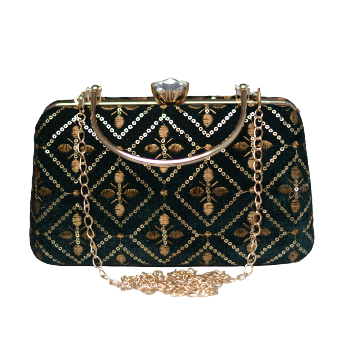 Artklim Black Embroidered Party Clutch