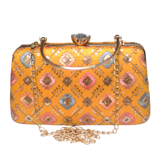 Artklim Yellow Embroidered Party Clutch