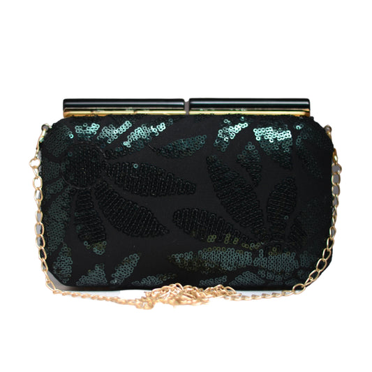 Artklim Black and Green Sequins Fabric Party Clutch