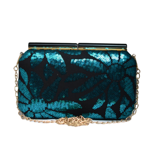 Artklim Black and Blue Sequins Fabric Party Clutch
