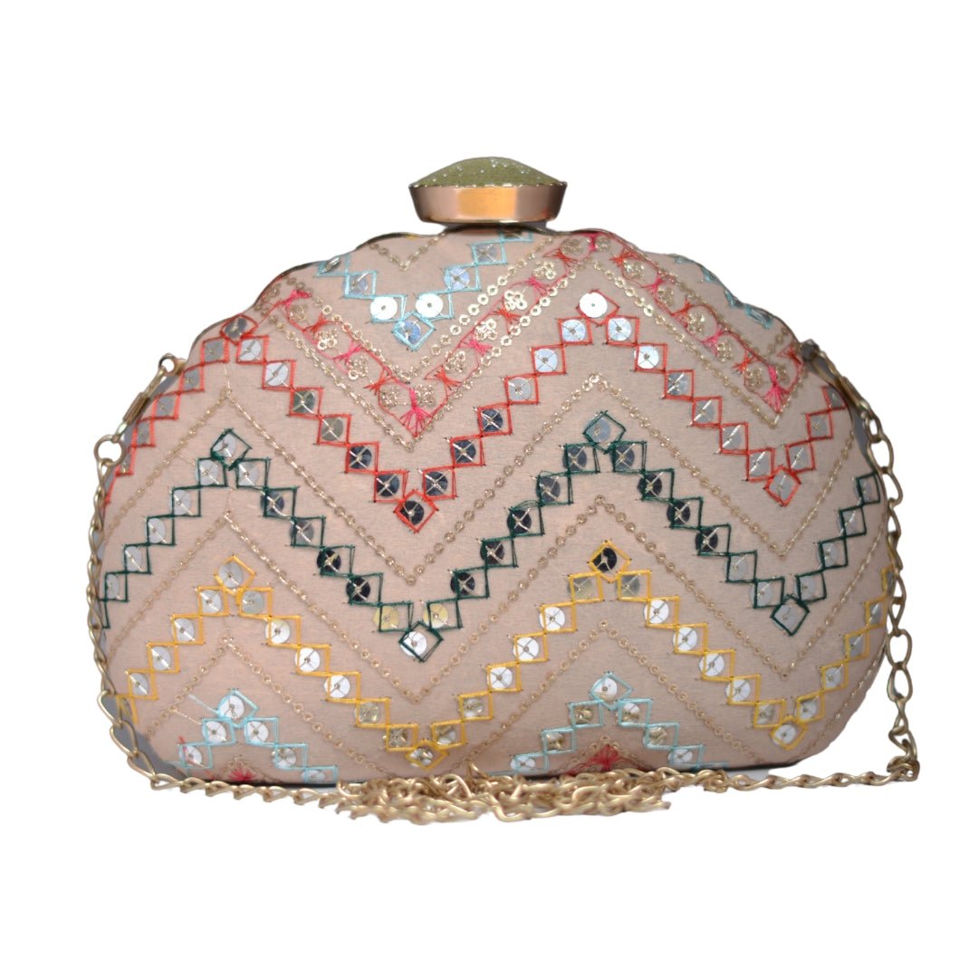 Artklim Baby Pink Zig Zag Embroidery D-Shape Party Clutch