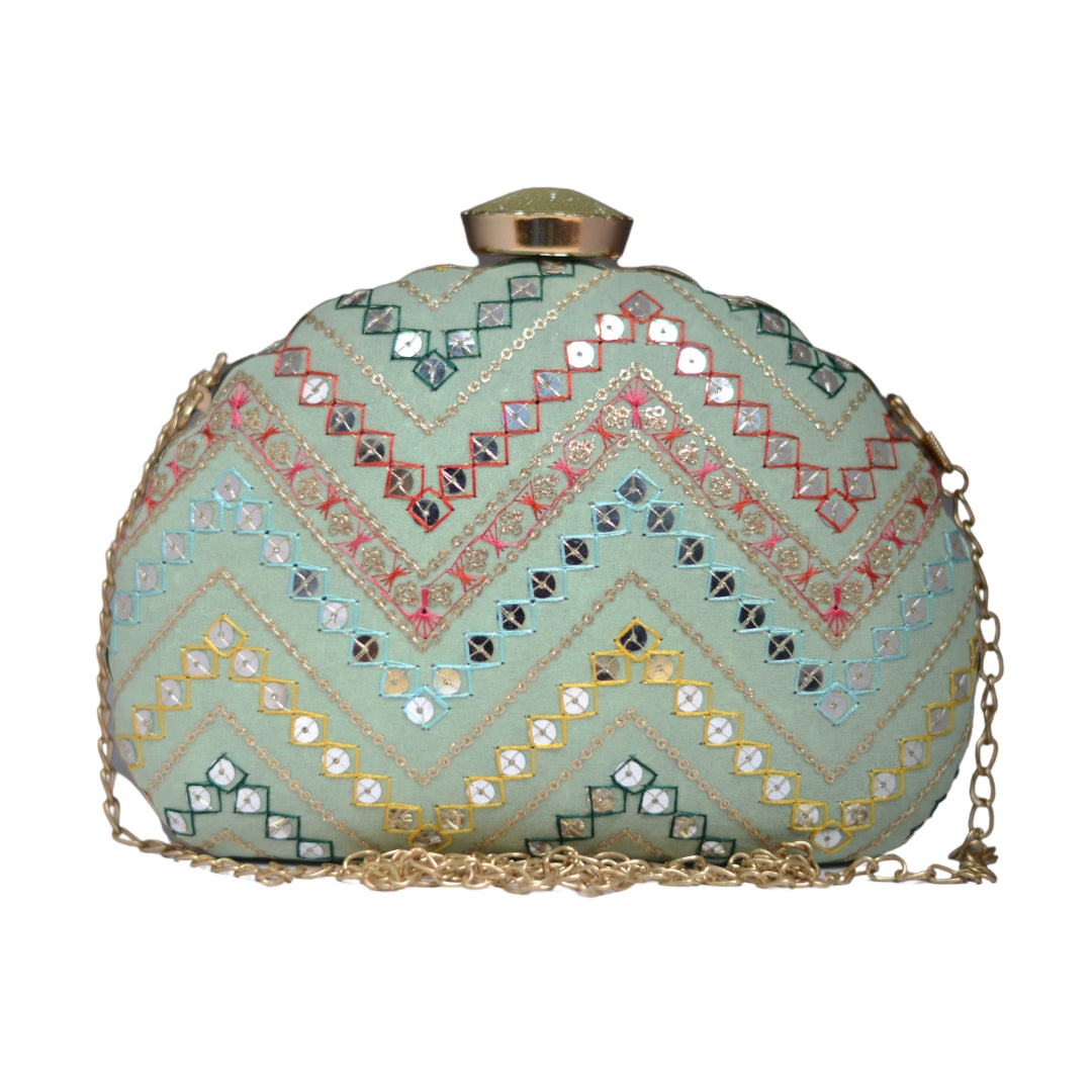 Artklim Blue Zig Zag Embroidery D-Shape Clutch