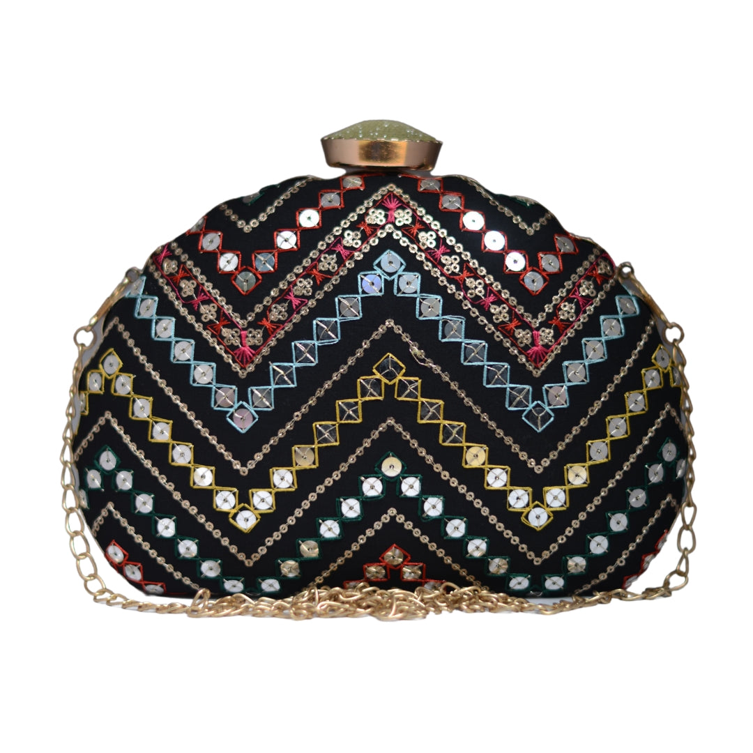 Artklim Black Zig Zag Embroidery D-Shape Party Clutch