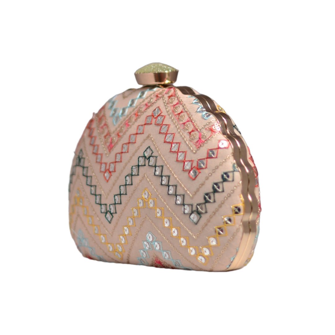 Artklim Baby Pink Zig Zag Embroidery D-Shape Party Clutch
