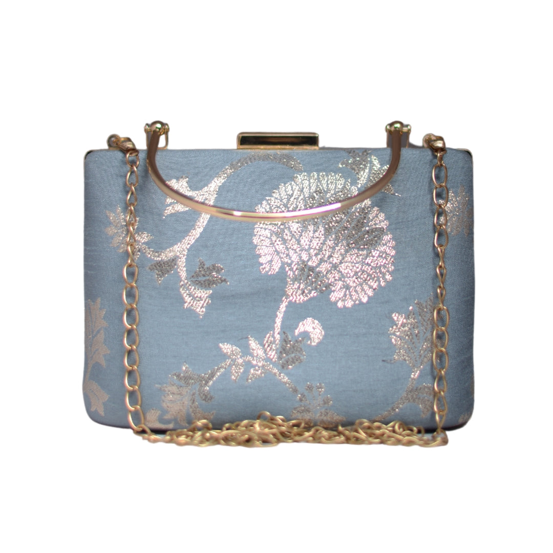 Artklim Grey And Silver Brocade Party Clutch