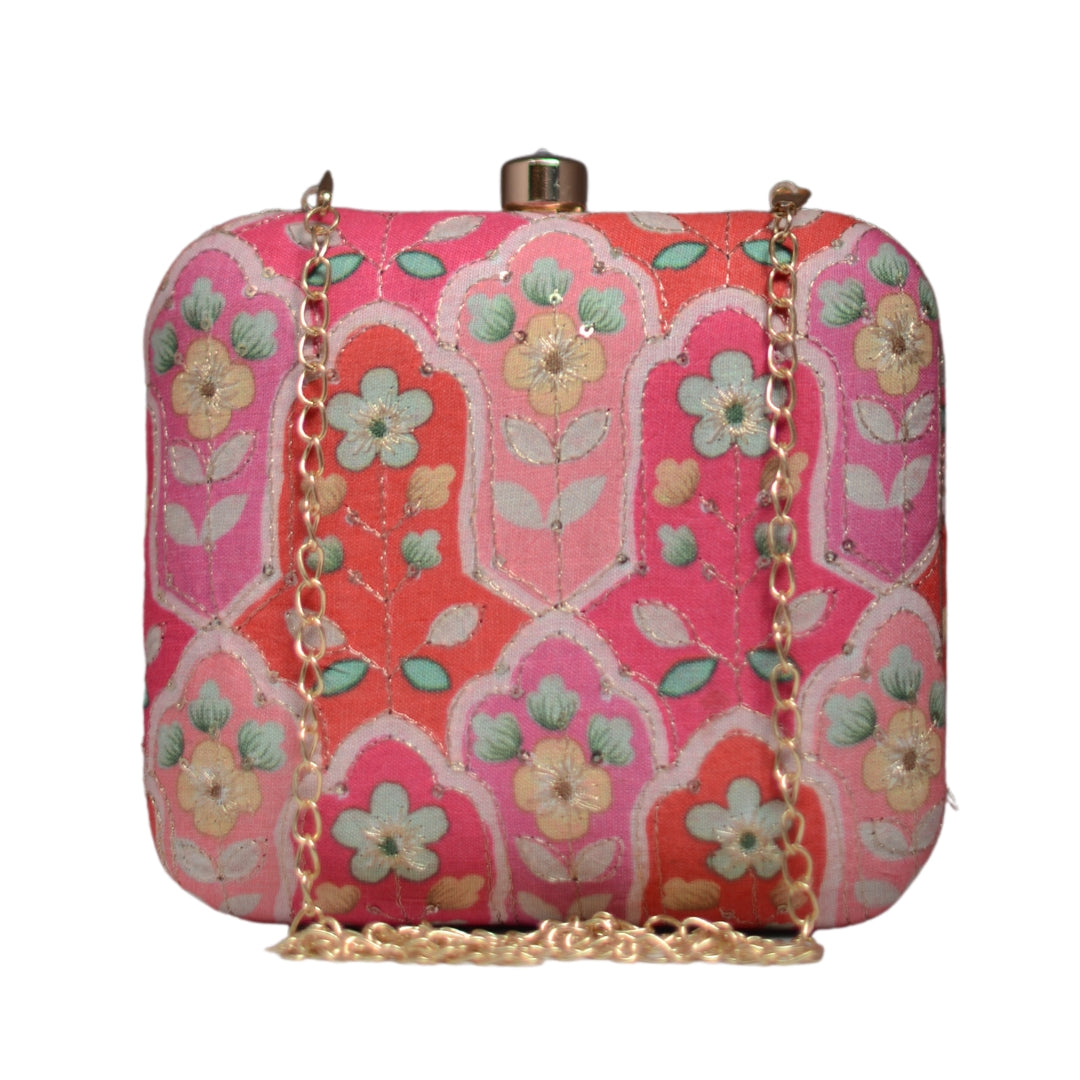 Artklim Pink Floral Embroidery Clutch