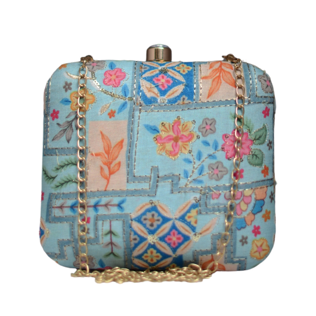 Artklim Blue Multi Pattern Embroidery Party Clutch