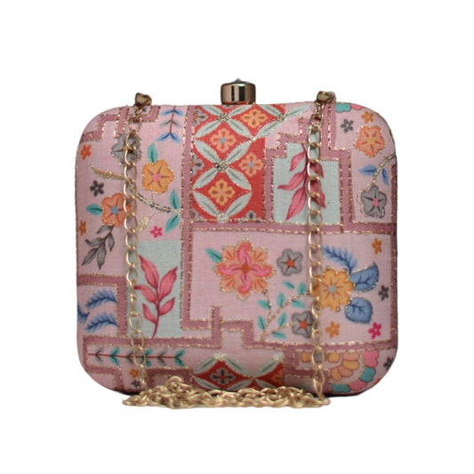 Artklim Pink Multi Pattern Embroidery Party Clutch