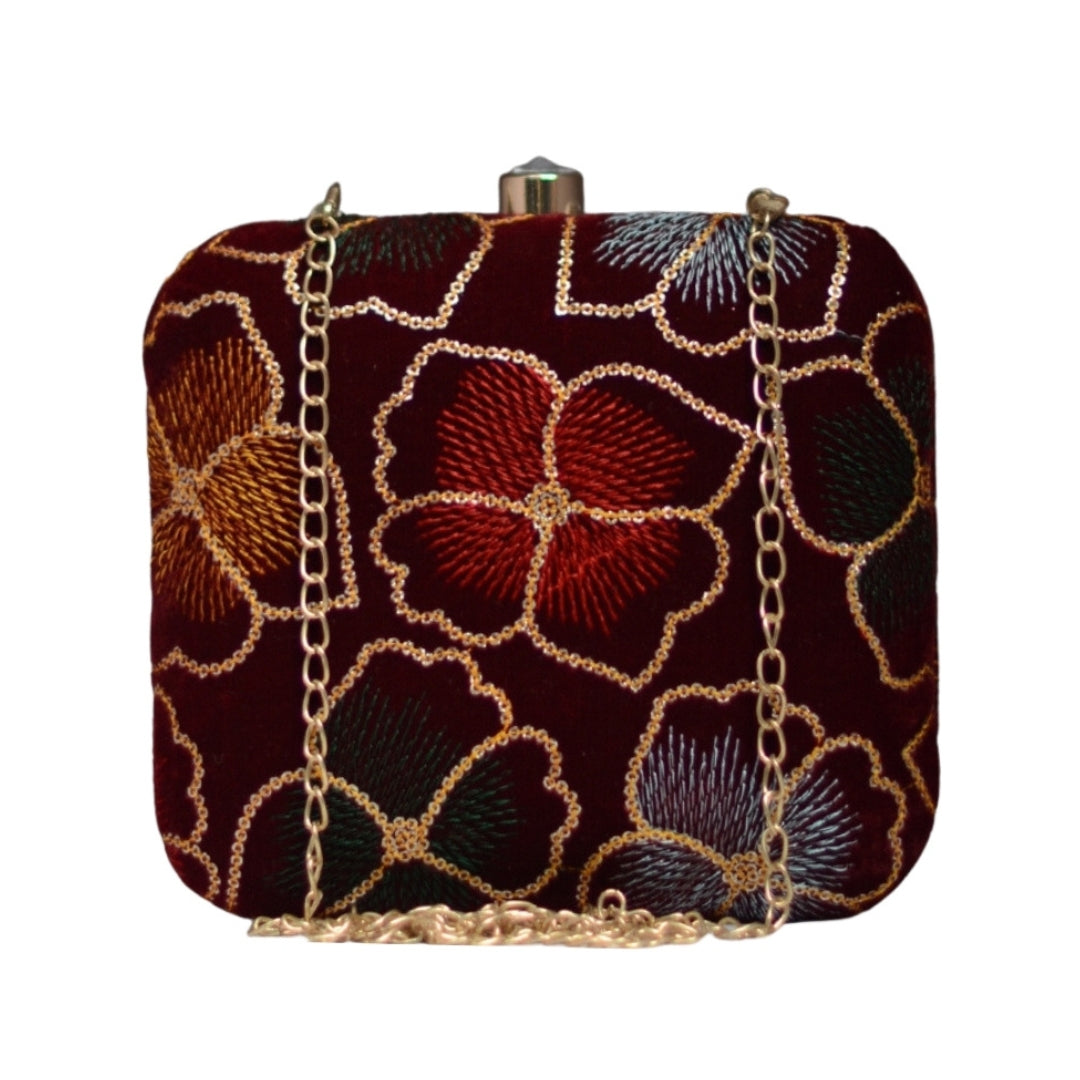 Artklim Maroon Flower Sequenced Embroidery Clutch