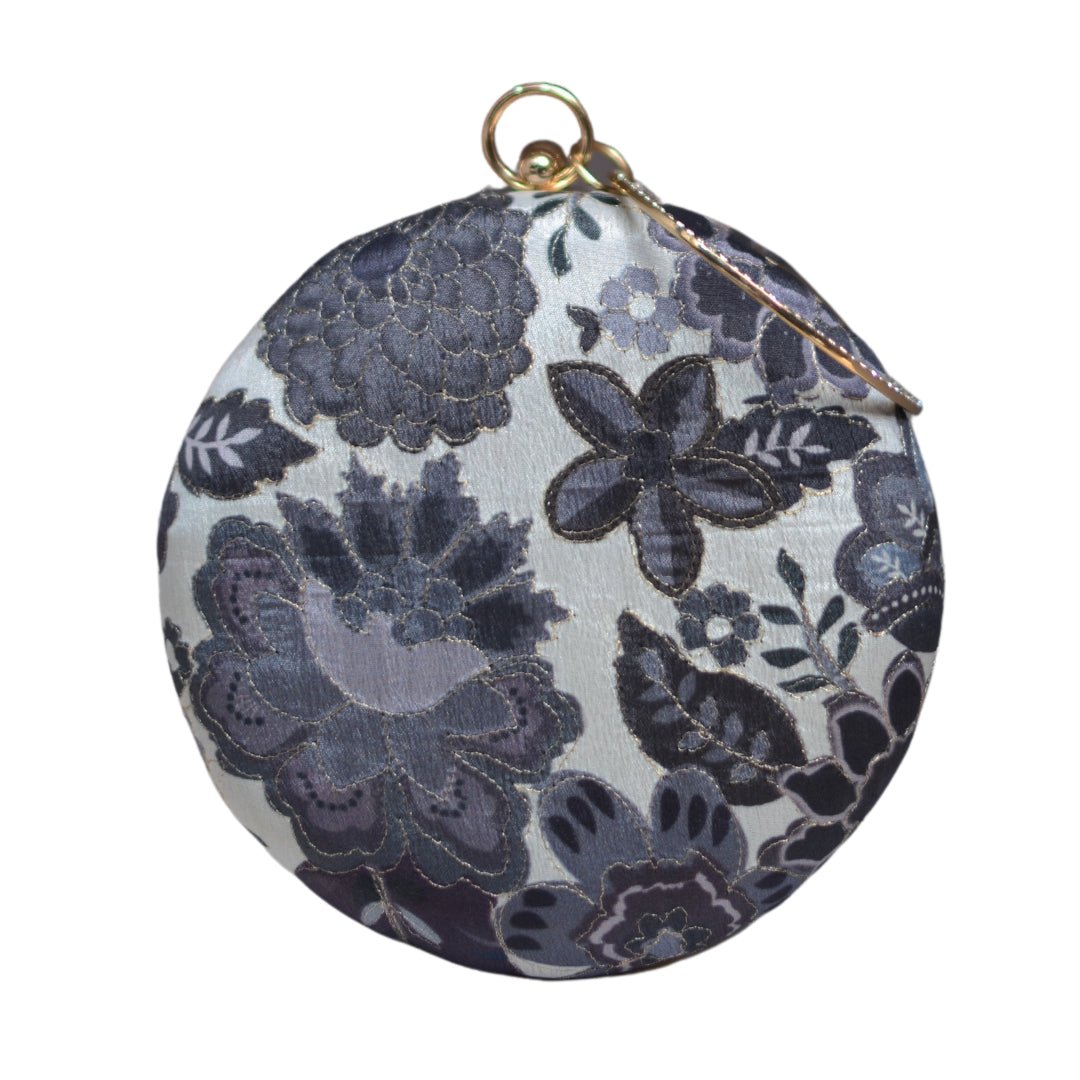 White And Grey Floral Embroidery Round Clutch