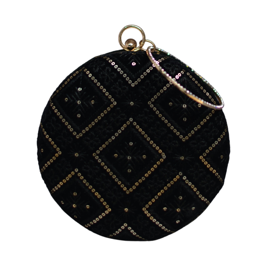 Artklim Black Embroidery Round Party Clutch