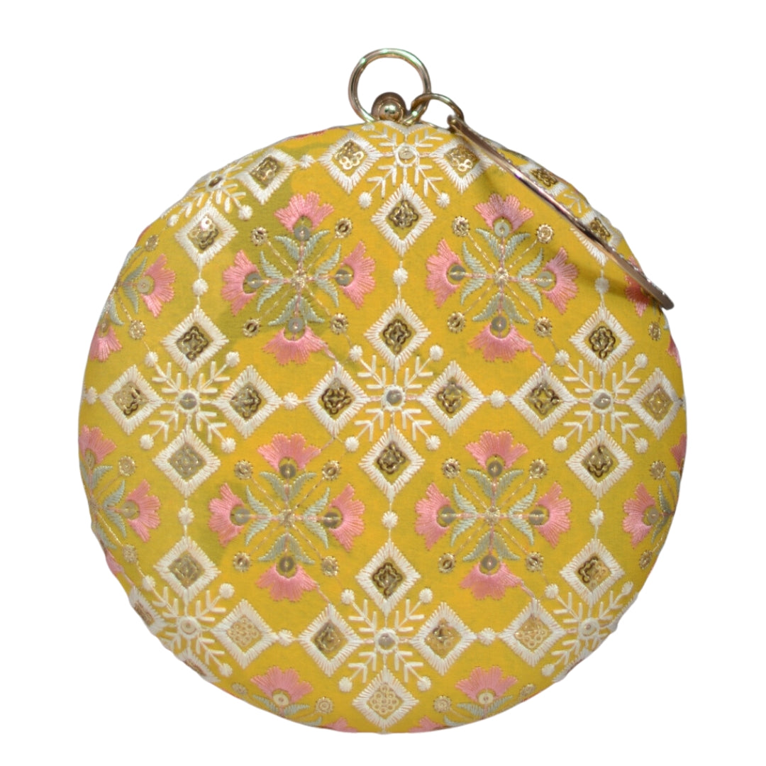 Yellow And Pink Floral Embroidery Round Clutch