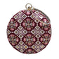 Maroon And Pink Floral Embroidery Round Clutch
