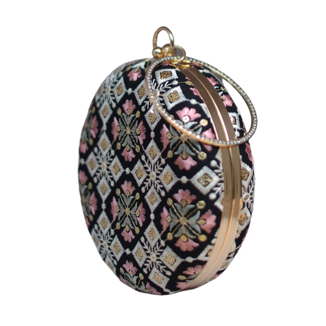 Black And Pink Floral Embroidery Round Clutch