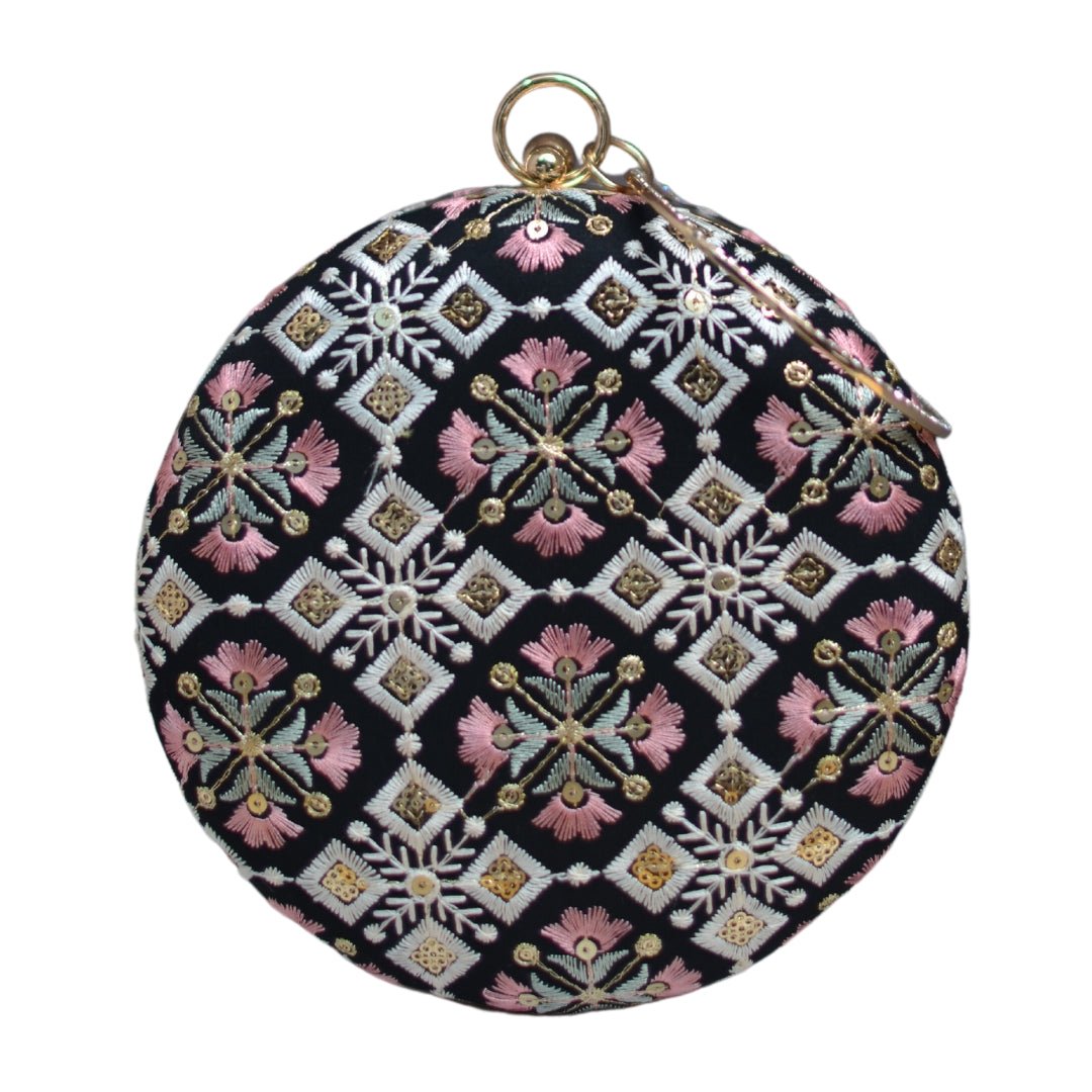 Black And Pink Floral Embroidery Round Clutch