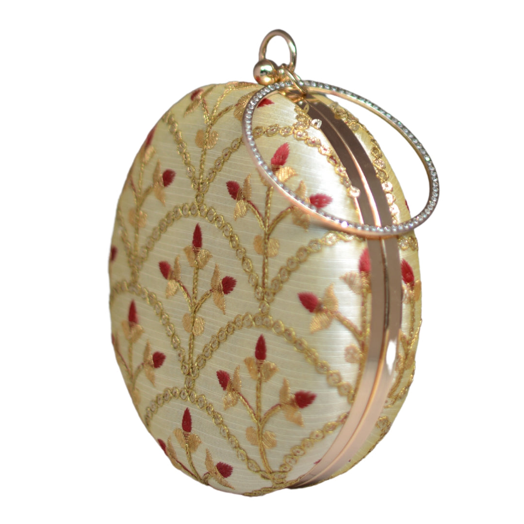 Cream And Golden Pattern Embroidery Round Clutch