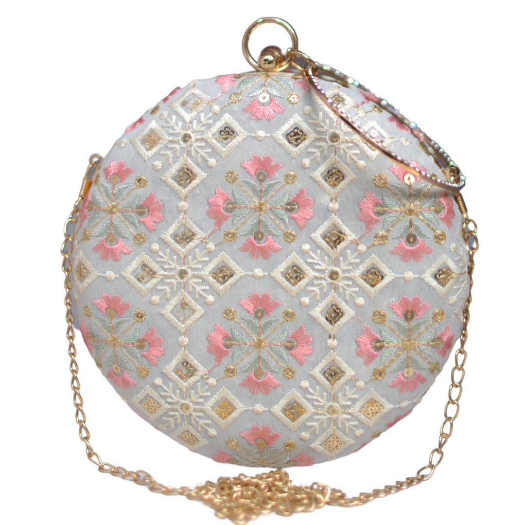 White And Pink Floral Embroidery Round Clutch